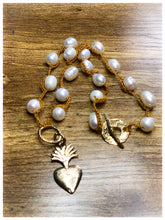 Load image into Gallery viewer, Boujee Boho Collection: Gold C-Lon Cord, White Pearls &amp; Bronze Sacred Heart 18”
