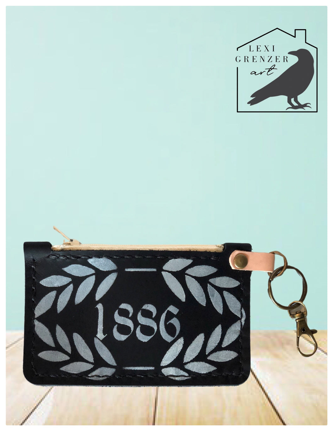 1886 Leather Wallet/Coin Purse - Front Pocket & Zippered Wallet - Color: Black with Stenciled Pattern