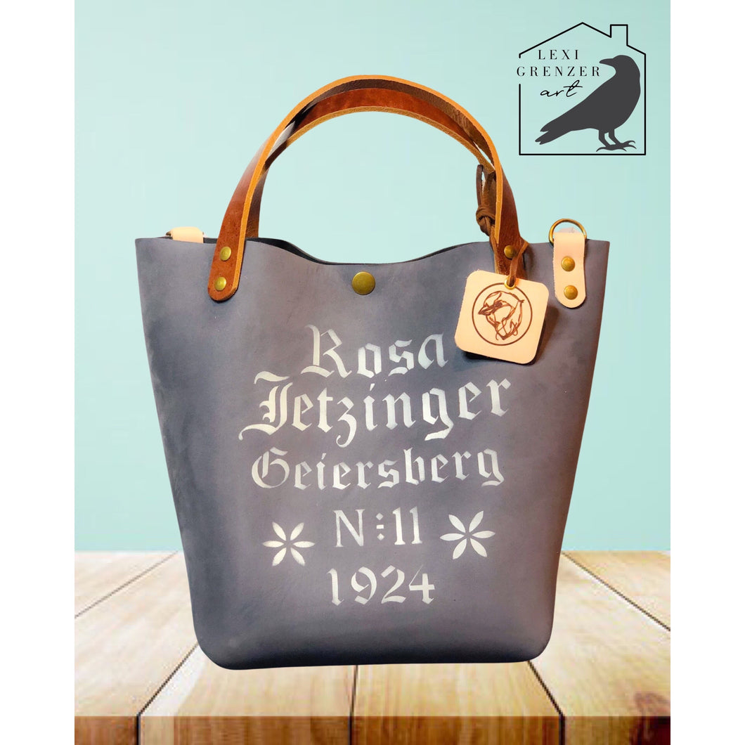 “Poppy Tote” Style Handbag with Leather Straps (denim blue with cream grain sack design)