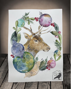 Original Watercolor - Winter Wreath Elk & Ornaments by Lexi Grenzer