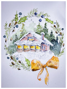 Original Watercolor - Winter Wreath Winter Cabin by Lexi Grenzer