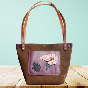 Boujee Boho - Floral Tote Handbag - Nubuck & Plum Crazy Horse Leather with Shoulder Straps