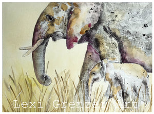 Original Watercolor - Safari Edition - Elephant and Baby