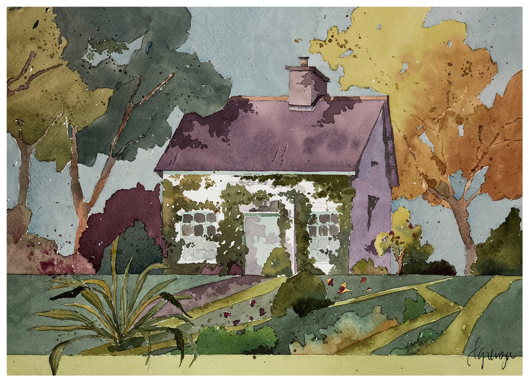 Original Watercolor - Irish Cottage #2 with Mint Door & Hedge