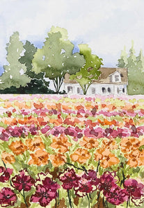 Original Watercolor - Field of Flowers and Farmhouse