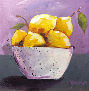 Original Acrylic Painting, Bowl of Lemons with Lavender Background, 8" x 8" Canvas Panel (Ready for Frame)