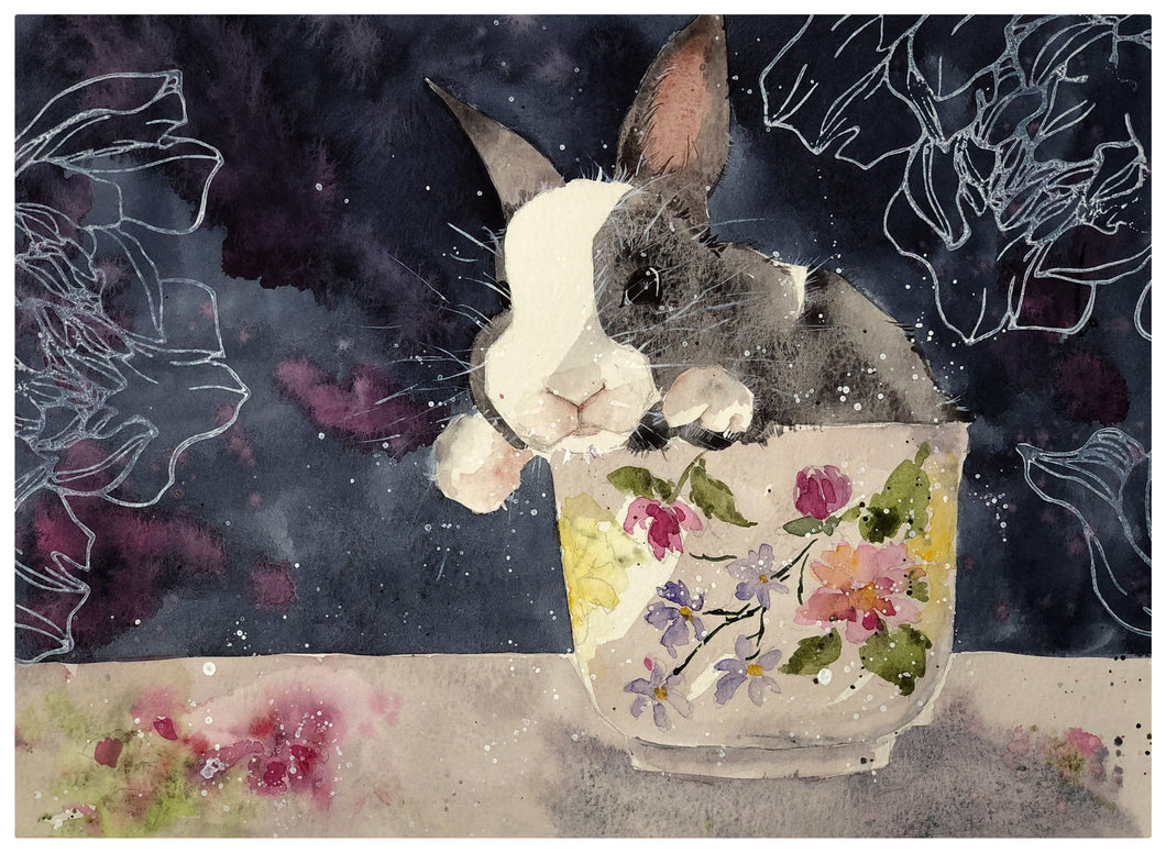 Original Watercolor - Baby Bunny in a Teacup (Indigo Background)