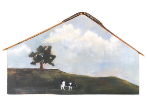 Original Acrylic Painting, Country Landscape with Cow & Vintage Measure Tape Roof, 12"x7.25"x3/4" Solid Wood Cut House
