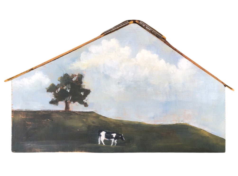 Original Acrylic Painting, Country Landscape with Cow & Vintage Measure Tape Roof, 12