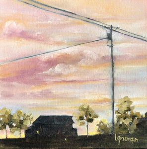 Original Oil Painting, Farm Silhouette at Sunset - 8" x 8" Canvas Panel (Ready for Frame)